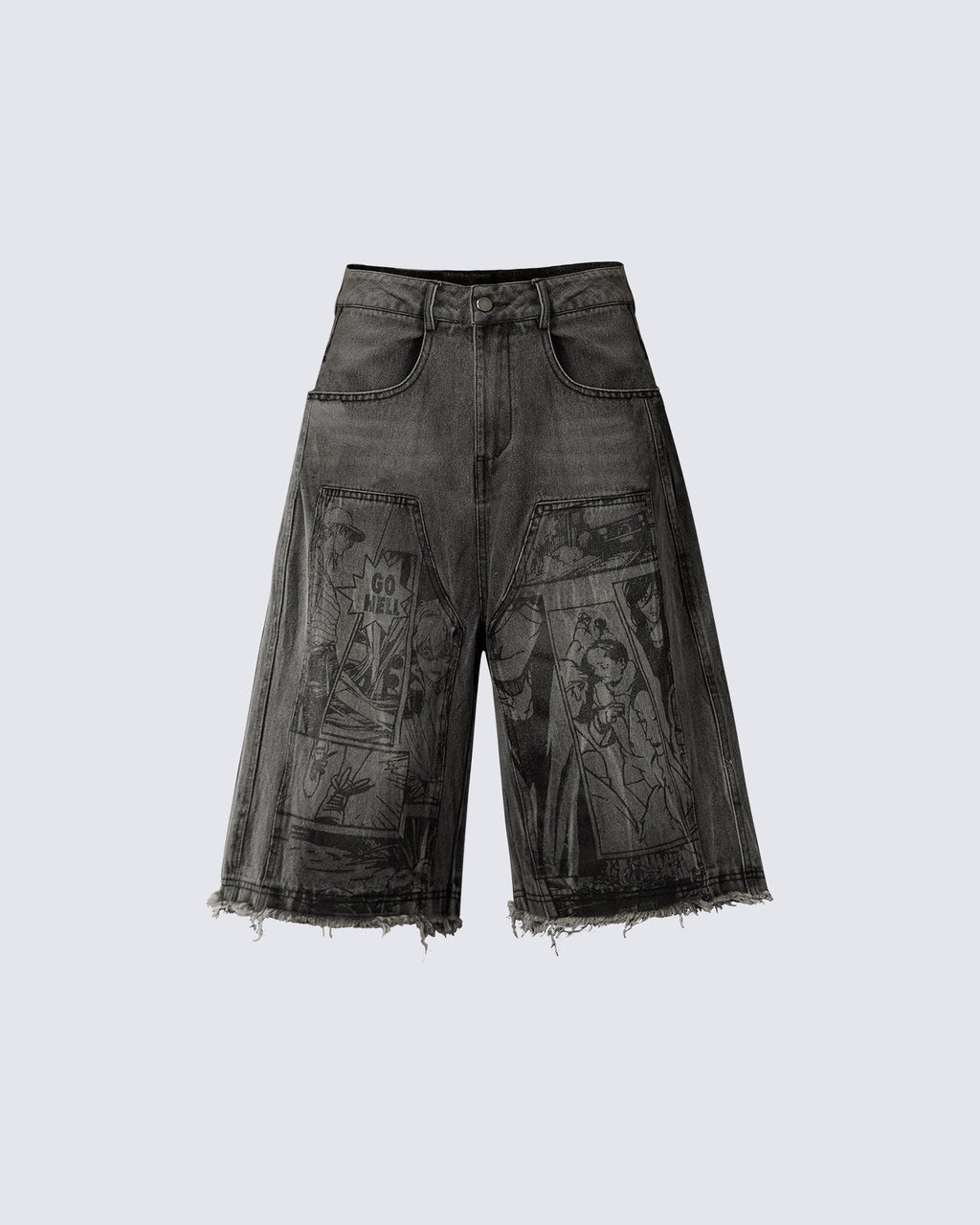 Vintage Graphic Washed Five-Length Denim Shorts