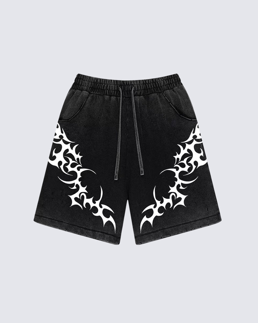 Tribal Print Black Sweat Shorts